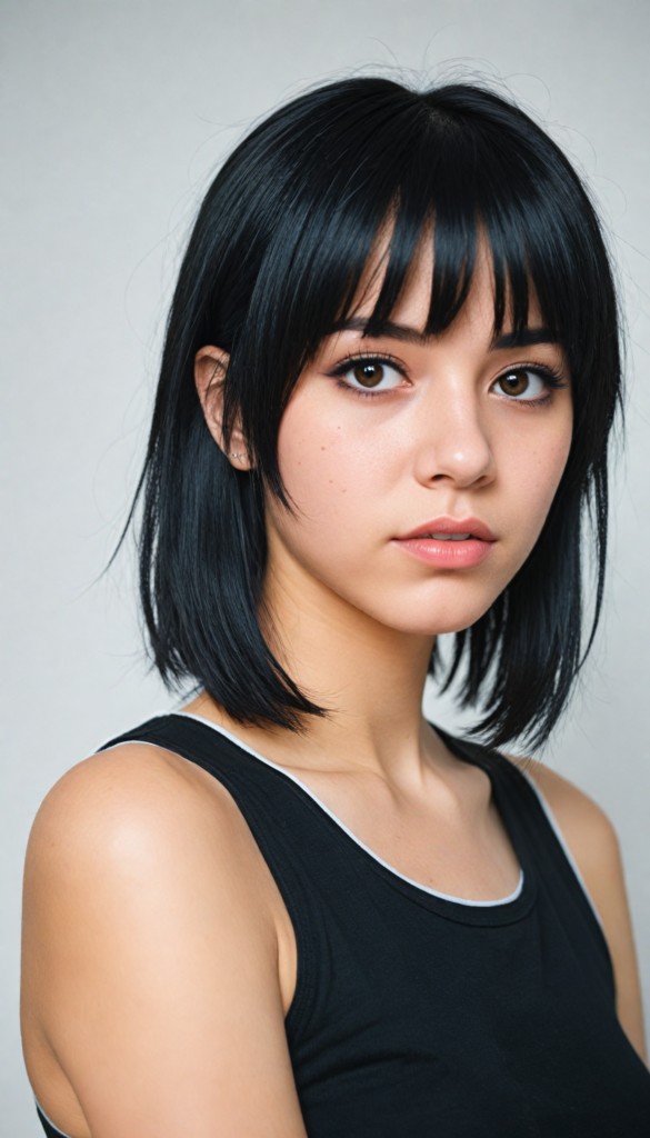 a innocent (young Emo teen girl), straight black hair, (round face), bob bangs cut, black eyeliner, looks seductive, black cropped tank top, (white background), front view