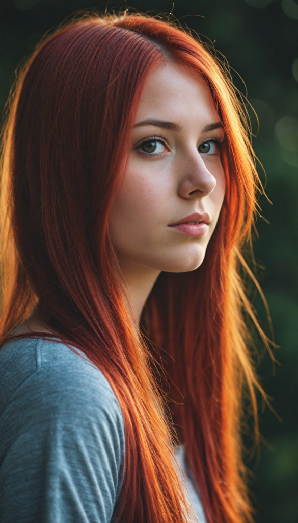 a realistic, detailed, dynamic photography from a beautiful young teen (Emo girl), with (detailed red long soft straight hair), looking into the camera, dynamic cinematic lights, perfect detailed face, side view, (close up portrait), (stunning), (gorgeous), (grey background)