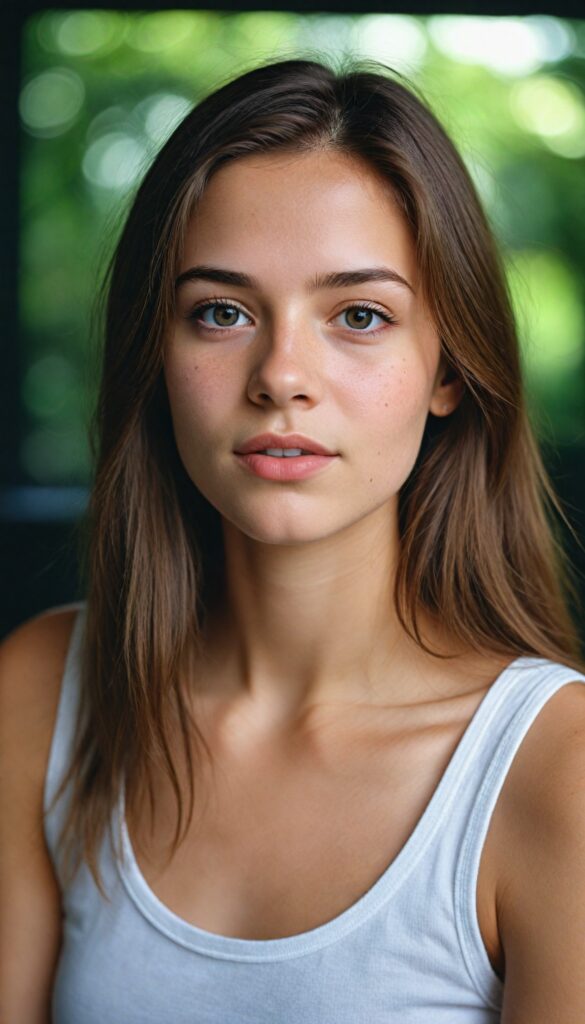 a very detailed and realistic portrait of a (cute teen girl), (long yet straight cooper-brown hair)), (realistic detailed (brown eyes), (full kissable lips), (realistic detailed, light amber eyes), (face illuminated), wearing a very low cut ((white tank top made on fine wool)), perfect curved fit body