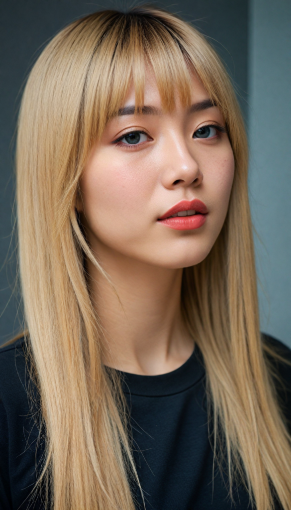 create a detailed and masterpiece of (side view) portrait: a Japanese girl, long blond soft straight hair, bangs, she looks astonished and her mouth is slightly open, (her eyes are light blue) (full red lips) (round face) perfect shadows and light, she wears a black soft t-shirt