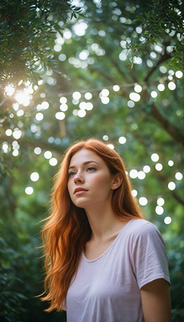 (upper body portrait) a whimsical scene featuring an innocent red-haired teen girl with straight, flowing hair, wearing a soft, ethereal light pink t-shirt that gently billows in the breeze. She stands in a sun-dappled forest glade, surrounded by softly glowing fairy lights, her bright eyes sparkling with curiosity and wonder, as beams of sunlight filter through the lush green canopy overhead, creating a magical, dreamlike atmosphere.