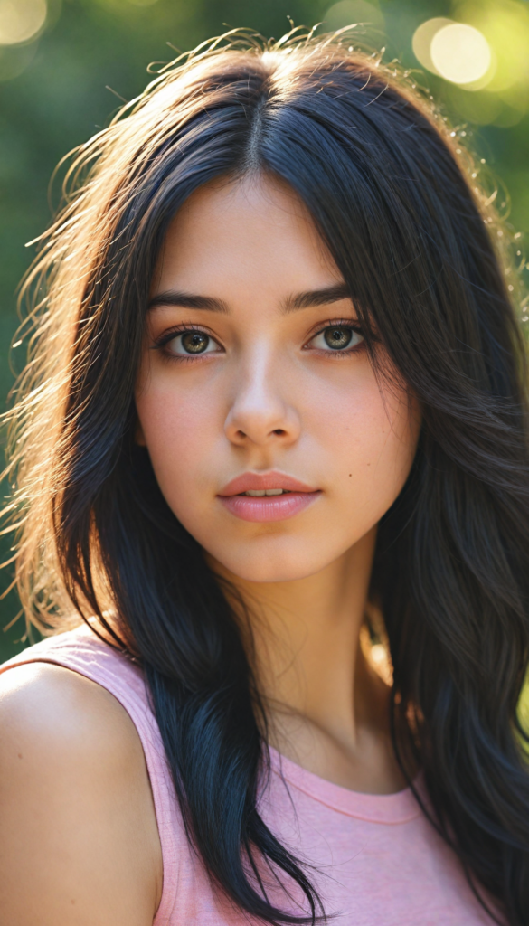 a hyper-realistic and intricately detailed portrait of a whimsical teen emo girl with flowing, soft black hair cascading in gentle waves, framing her face beautifully. Her striking amber eyes radiate warmth and depth, complemented by full, expressive lips. She wears a chic, no-pattern, form-fitting pink tank top that contrasts with the vibrant background, adorned with a dreamy blend of swirling pastel colors reminiscent of a sunset. Sunlight filters through an ethereal garden full of blooming flowers and soft bokeh effects, casting a warm glow that highlights the girl's delicate features and adds a magical quality to the scene.