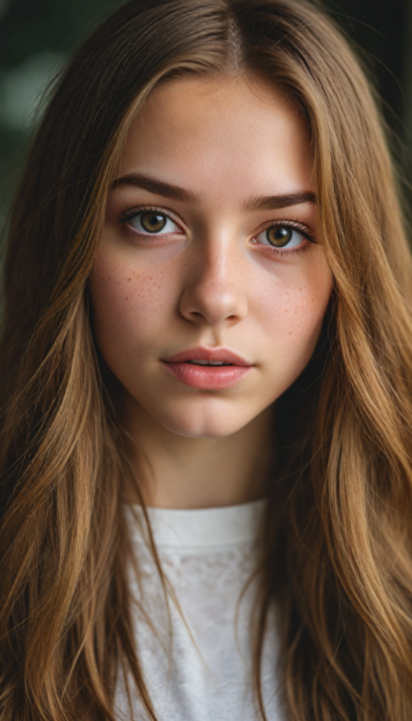 a very detailed and realistic portrait of a (cute teen girl), (long yet straight light brown hair), (realistic detailed brown eyes), (full kissable lips), (realistic detailed, light amber eyes), (face illuminated), perfect curved fit body