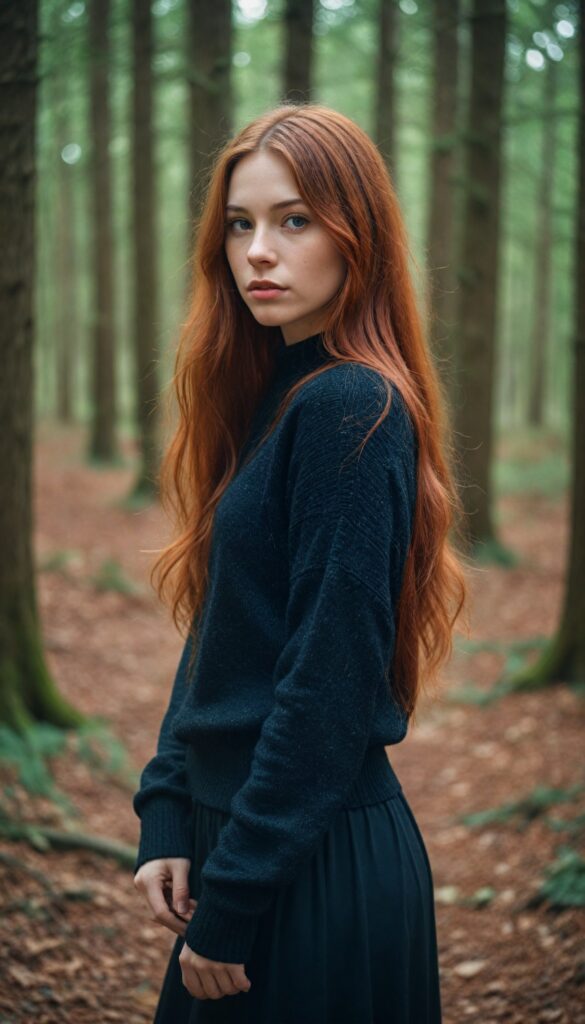 a beautiful, pretty girl with red soft long hair, black dressed in a thin sweater, in a forest