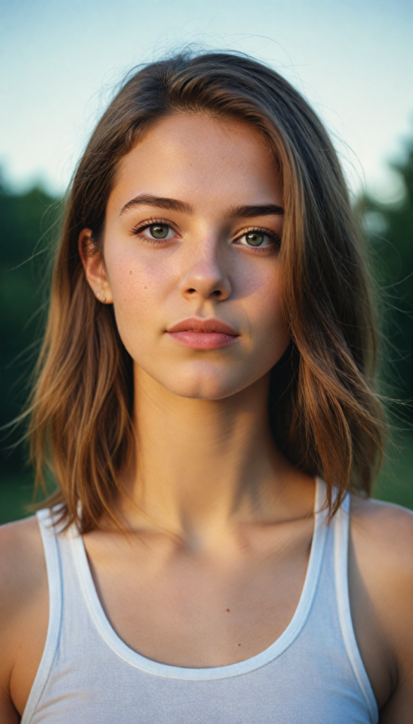 a very detailed and realistic portrait of a (cute teen girl), (long yet straight (cooper-brown hair), (realistic detailed (brown eyes), (full kissable lips), (realistic detailed, light amber eyes), (face illuminated), (wearing a very low cut (white tank top) made on fine wool), perfect curved fit body