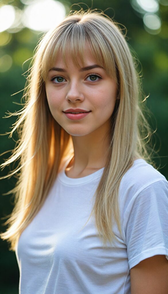 a detailed and realistic photo from a (cute) Europe teen girl (long, straight light blond hair, bangs), (stunning), (gorgeous), beautifully realistic, cinematic lights, realistic detailed angelic round face, (realistic detailed amber eye) looks happy at the camera, perfect curved body, (wears a super short tight (white t-shirt)), perfect anatomy, side perspective, against a sunny green backdrop