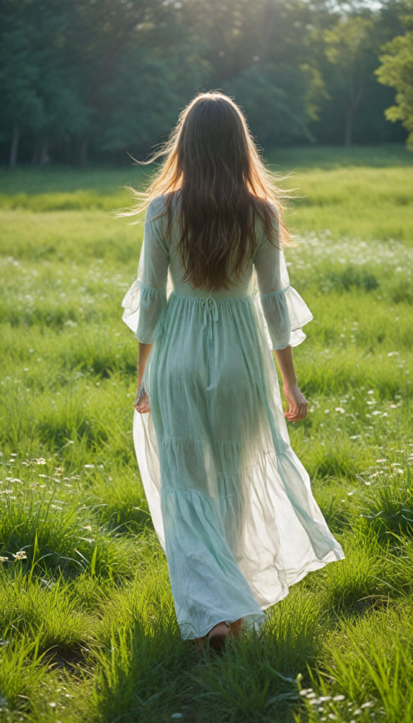 a young girl with soft long straight hair cascading down her back, stands in front of viewer in a green sunny meadow. The scene is infused with an ethereal glow, reminiscent of a dreamy impressionist painting. The girl wears a flowing white transparent dress, back view