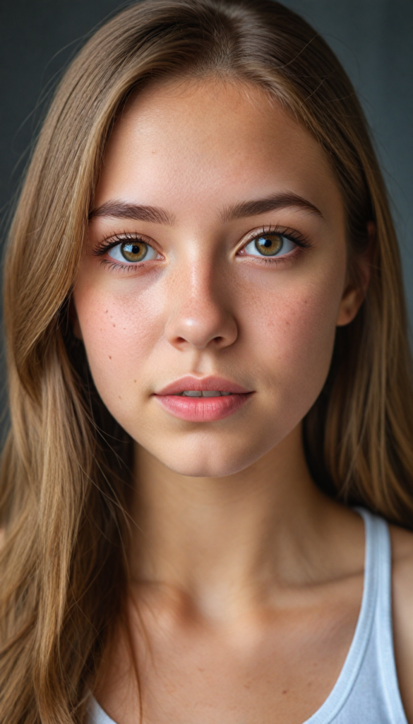 a very detailed and realistic portrait of a (cute teen girl), (long yet straight light brown hair), (realistic detailed brown eyes), (full kissable lips), (realistic detailed, light amber eyes), (face illuminated), (wearing a very low cut (white tank top) made on fine wool), perfect curved fit body