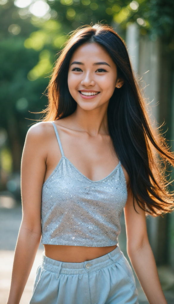 portrait of an enchanting young Asian girl with sparkling eyes and a joyful smile, wearing a stylish grey crop top, flowing long straight hair that dances with the breeze, showcasing an elegant silhouette in a whimsical side view. She pairs her outfit with chic grey high-waisted shorts that highlight her graceful curves. The background is a dreamy blend of soft pastel colors, evoking a serene afternoon light.