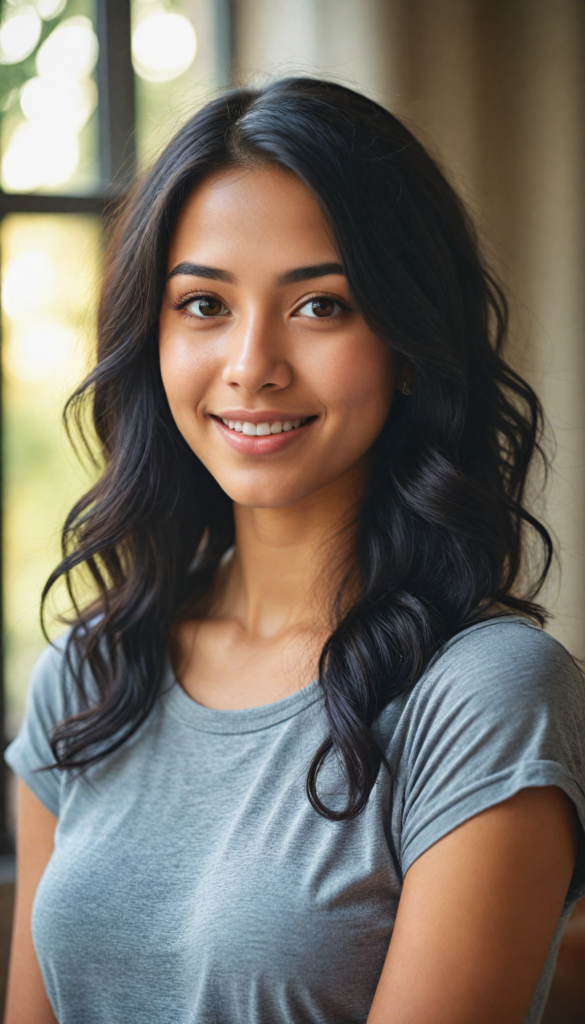 captivating portrait of an enchanting young exotic girl with a playful smile, wearing a soft grey t-shirt that contrasts with her flowing, intricately detailed black straight hair cascading around her shoulders. Her expressive brown eyes sparkle with joy and mischief, framed by delicate lashes, while her perfectly curved silhouette subtly blends into the soft, warm background reminiscent of a dreamy sunset. The composition captures an ethereal quality, enhanced by gentle bokeh effects that add a sense of whimsy, inspired by the warmth of impressionist art and the charm of contemporary portrait photography.