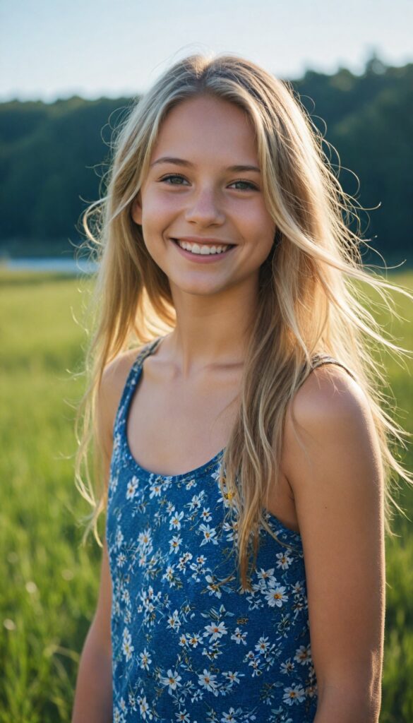 a fantastic young girl with long summer blond hair is standing in a sunny meadow. In the background is a deep blue lake, she is smiling, ((detailed and super realistic)), she wears a short plain cropped tank top