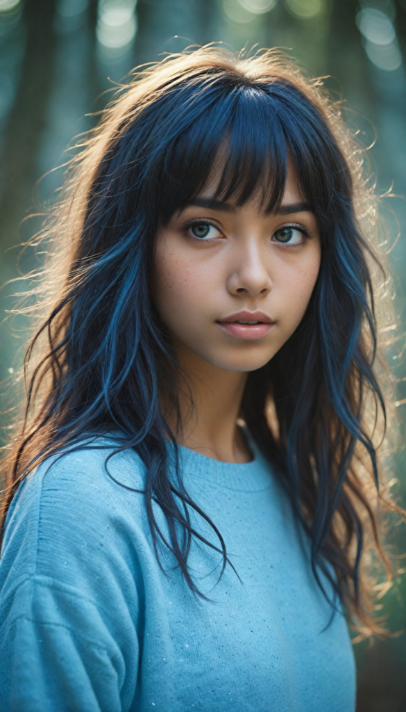 a whimsically illustrated (brown-skinned teen emo girl) with cascading, gently waving (straight hair) framed by playful side bangs, illuminated by a mesmerizing iridescent light blue complexion that subtly glimmers, her eyes reflecting a profound sense of melancholy and emotional detachment, surrounded by ethereal wisps of fog that dance in the softly fogy (backdrop), reminiscent of a surreal dreamscape, hinting at an otherworldly atmosphere inspired by the art styles of Tim Burton and Yoshitaka Amano, she wears a light blue sweater made of super fine wool