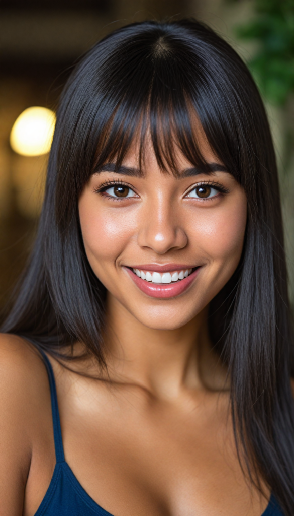 (close up portrait) of a (beautiful) (cute) (tanned) girl, (very long jet brown-black straight hair), (bangs), (plump lips), (seductive look), wide open front, (perfect curvy body), (tank top, deep v-neck), (cheerful smile), (face illuminated), (looking into the camera)