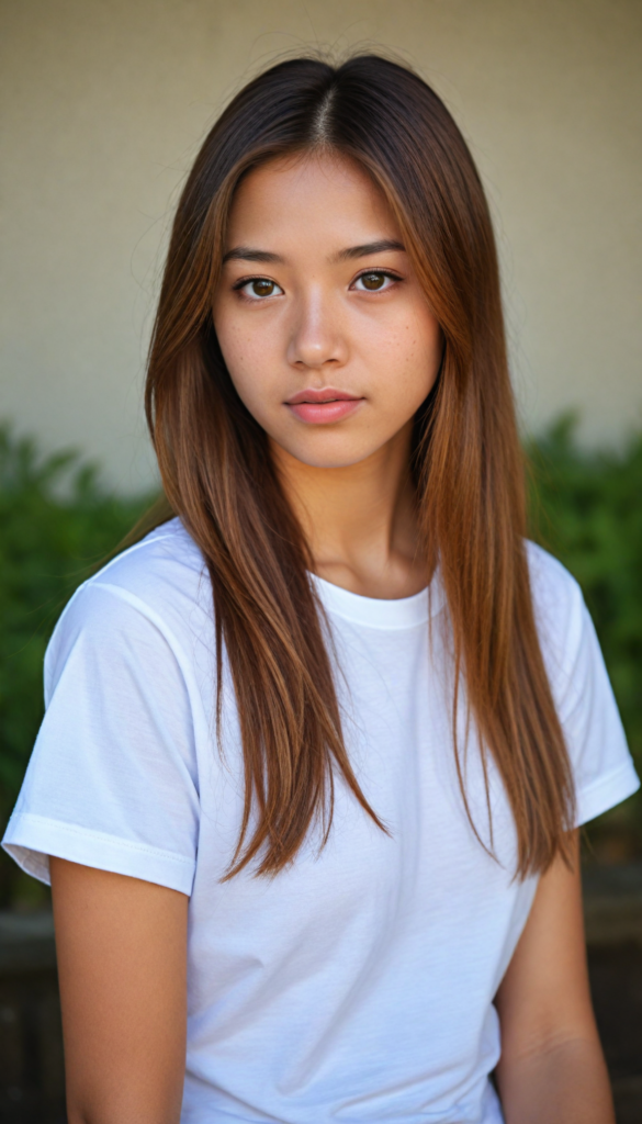 a stunningly elegant and cute Asian teenage girl with long, straight hazelnut hair, with a (realistically detailed angelic round face) and (realistically detailed hazelnut eyes) looking pensively at the camera, wearing a (super short, tight white t-shirt)