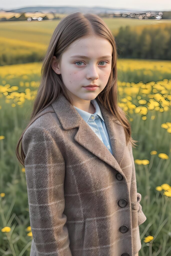 a detailed perfect portrait with pastel colors, young girl, 13 years old, stands in a flower meadow. She wears a ((checkered coat in brown and grey)) and black shirt, she look at the viewer, detailed shiny straight brown hair, blue eyes, round detailed face