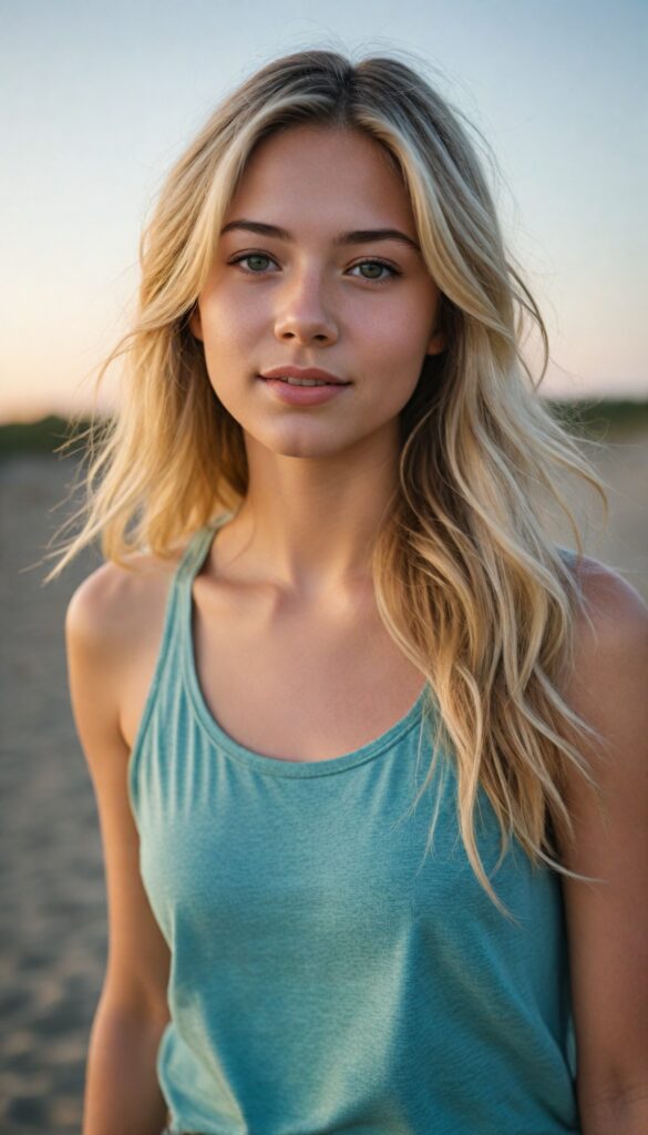 visualize a (tomboy petite teen girl) with long, (realistically detailed summer blond hair), posed in a (cinematic light setup) for a portrait shot, her face radiant with joy, featuring a (flawlessly detailed round face), a (short form-fitting cropped plain tank top), which beautifully showcases her perfect physique, with (realistic details), such as a (curvy yet toned silhouette), beach in backdrop