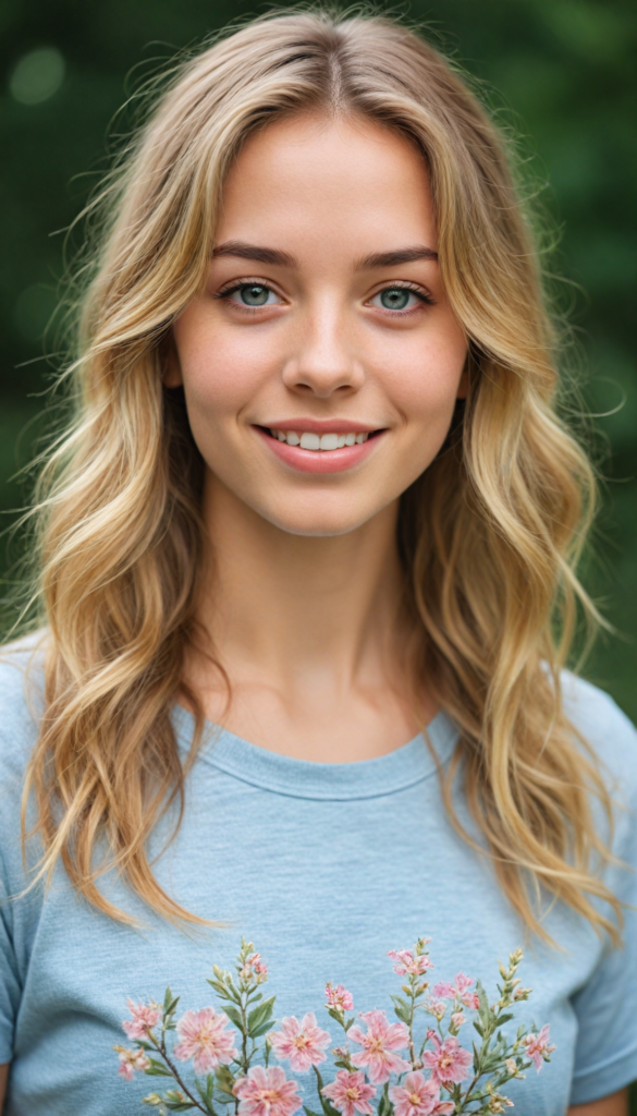 a charming and realistic portrait of a youthful girl with cascading, intricate golden hair that shimmers like sunlight, a warm and inviting smile that radiates joy, dressed in a soft, grey fine t-shirt that contrasts beautifully with her vibrant features. Her eyes sparkle with curiosity, framed by delicate eyelashes, embodying an aura of wonder and confidence. The background features a dreamlike, pastel-hued landscape accentuated by ethereal flowers, softly blending into a whimsical, ethereal atmosphere, reminiscent of a modern fairy tale—capturing the essence of beauty and vitality like a blend of photography and impressionist art.