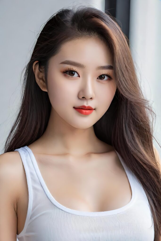 super realistic, detailed portrait, a beautiful young busted girl with long hair, looks sweetly into the camera. She wears a white crop top, perfect curved body