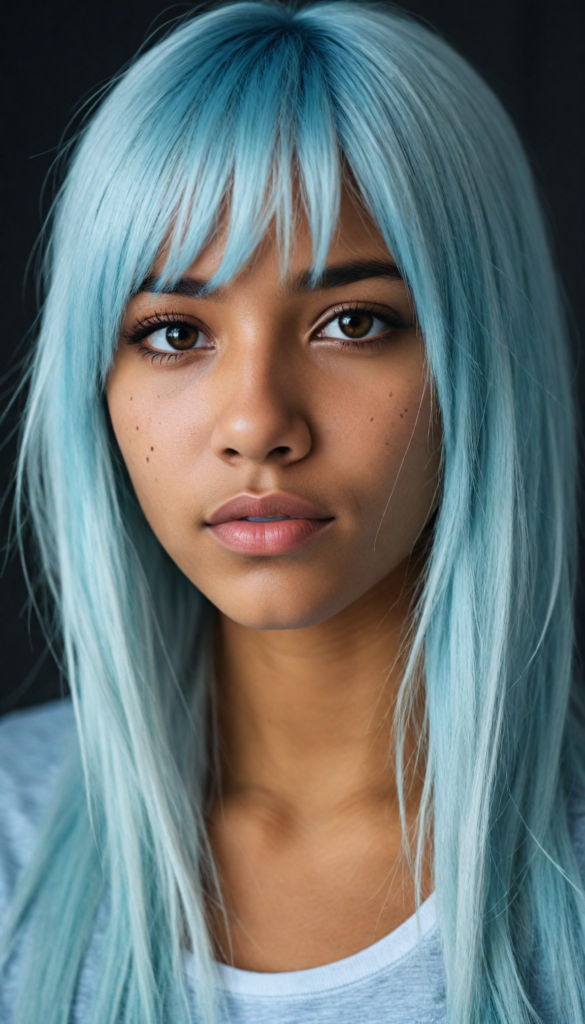 a beautifully drawn (brown-skinned teen emo girl) with flowing, softly waving (straight white hair) framing her face in side bangs and highlighted by a contrasting light blue complexion, expressing a poignant feeling of melancholy and emotional detachment, set against a softly grey (backdrop)