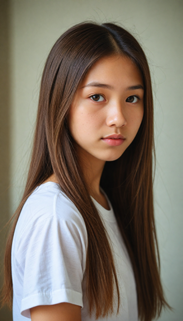 a stunningly elegant and cute Asian teenage girl with long, straight hazelnut hair, with a (realistically detailed angelic round face) and (realistically detailed hazelnut eyes) looking pensively at the camera, wearing a (super short, tight white t-shirt)