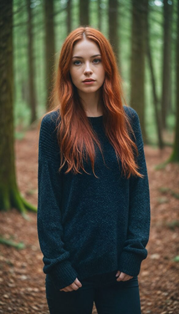 a beautiful, pretty girl with red soft long hair, black dressed in a thin sweater, in a forest