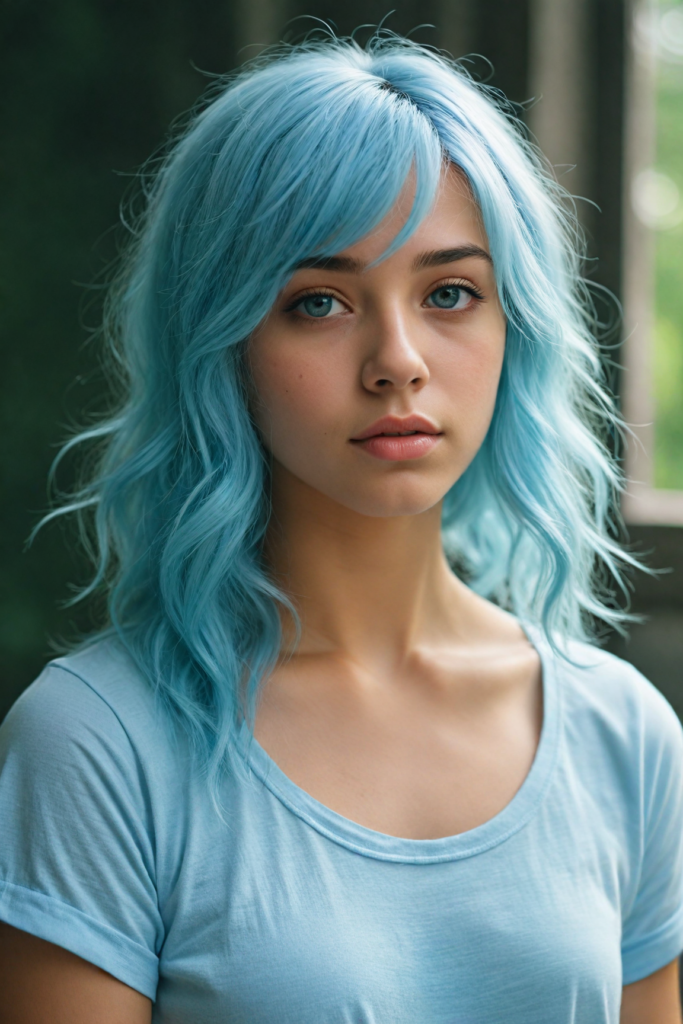 a whimsically illustrated brown-skinned teen emo girl, with cascading, gently undulating straight light blue hair framing her face, accentuated by a subtle cascade of side bangs. She has detailed light blue eyes, her complexion glows with an ethereal light blue hue, embodying a haunting beauty that evokes a bittersweet sense of melancholy and introspection. Surrounding her is a dreamy, misty backdrop of soft grey, interspersed with delicate, ethereal swirls of muted pastel colors, creating a serene yet poignant atmosphere reminiscent of a twilight dreamscape. The scene captures the essence of emotional detachment, while inviting viewers to delve into the depths of her reflective demeanor, with intricate, whimsical details that evoke a sense of fragile beauty. She wears a light blue, short cropped t-shirt