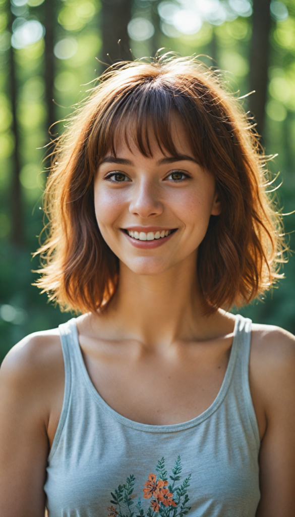 a stunning teenage girl with rich auburn hair cut into stylish bob bangs, wearing a chic, form-fitting tank top that contrasts beautifully with the soft, dappled light filtering through a lush, natural forest background; her radiant smile exudes pure joy and warmth, capturing the essence of a sunlit afternoon; details of delicate sunbeams dancing around her, giving a magical aura, evoking a blend of vibrant realism and whimsical charm reminiscent of a contemporary portrait painting.