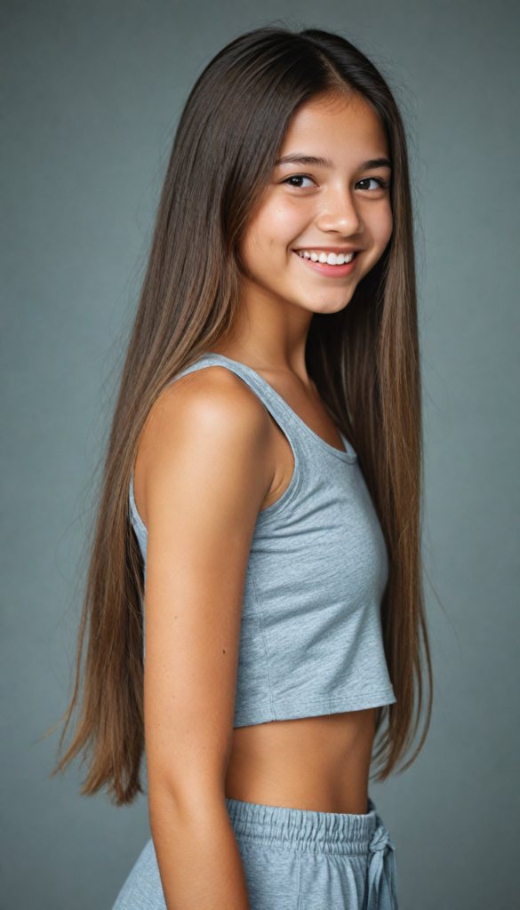 portrait of a cute young girl, wears a grey crop top, smile, long straight hair, perfect curved body, grey short shorts, side view