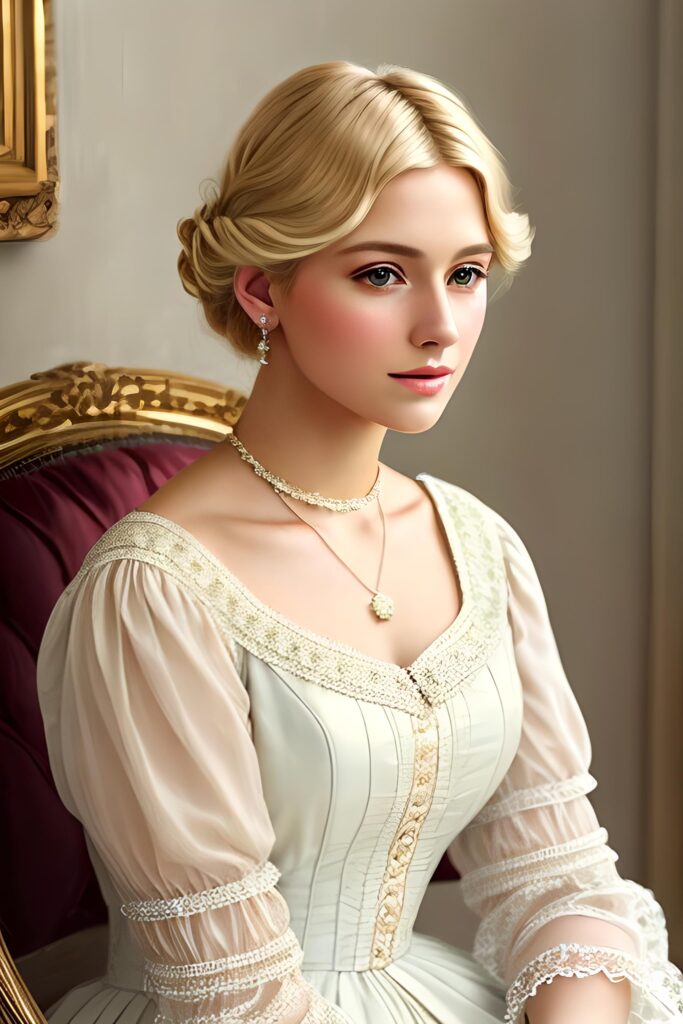 a beautifully drawn (((blonde woman))) in the style of late 19th century, with delicate details and a soft color palette that evokes an atmosphere of timeless elegance