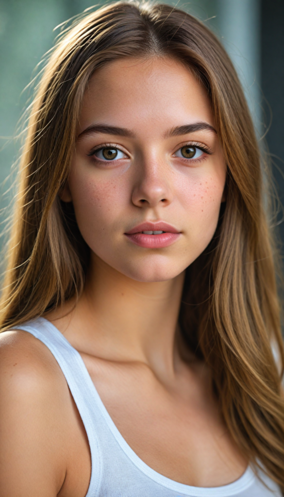 a very detailed and realistic portrait of a (cute teen girl), (long yet straight light brown hair), (realistic detailed brown eyes), (full kissable lips), (realistic detailed, light amber eyes), (face illuminated), (wearing a very low cut (white tank top) made on fine wool), perfect curved fit body