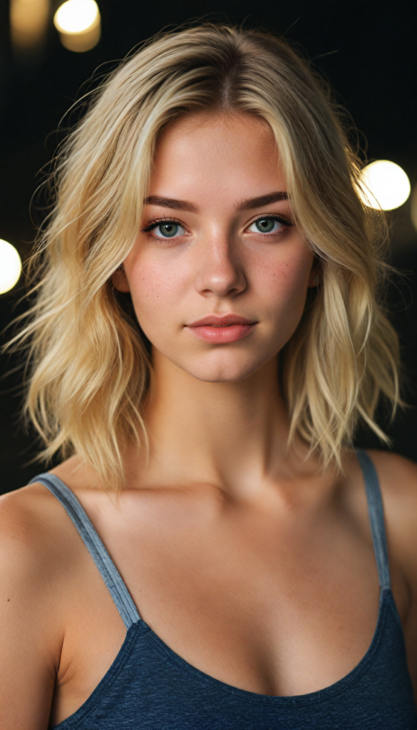 a beautiful (teen girl) with blonde hair, styled in a sleek, short-cropped top, (vividly realistic photo), set against a dimly lit environment that softly highlights her features