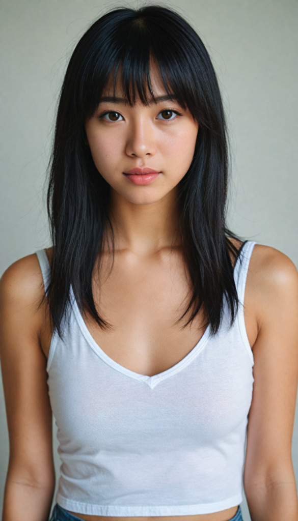 super realistic, 4k, detailed face, cute petite Asian teen girl, long black straight soft hair, bangs cut, wear a white short tight cropped tank top with deep v-neck, looks at the camera, portrait shot