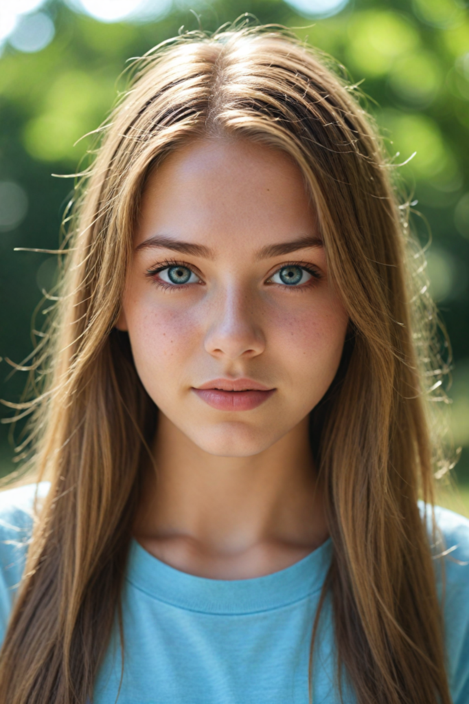 a very detailed and realistic portrait of a (cute teen girl), (long yet straight light brown hair), (realistic detailed brown eyes), (full kissable lips), (realistic detailed, light amber eyes), (face illuminated), perfect curved fit body, she wears a light blue t-shirt