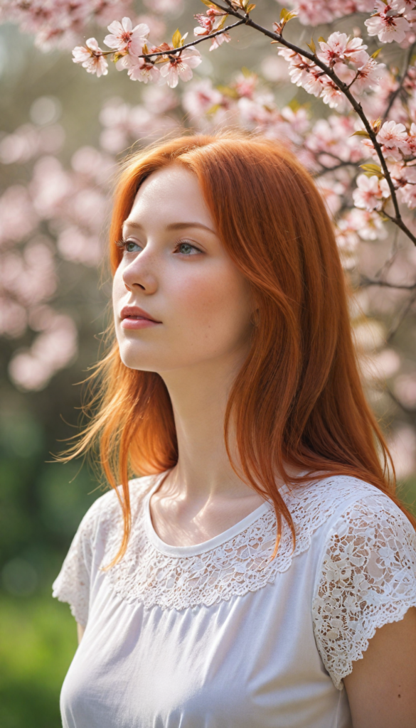 upper-body portrait, a whimsical scene featuring a serene red-haired teen girl with straight hair flowing gently in the breeze, dressed in a delicate light pink, fitted t-shirt adorned with subtle lace details. She is posing, surrounded by blooming cherry blossom trees, with petals drifting gracefully around her. Her expression radiates innocence and curiosity as she gazes at a brightly colored butterfly that flits nearby, capturing the essence of a dreamy spring afternoon, reminiscent of a watercolor painting in the style of Claude Monet.