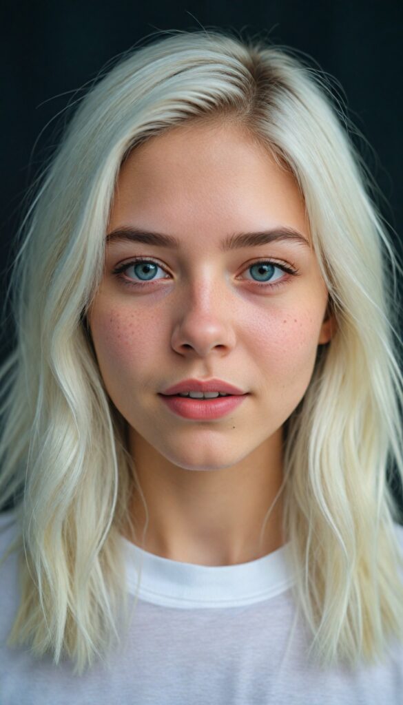 a breathtakingly detailed and hyper realistic (professional photograph), portraying an intensely sorrowful expression on the face of a young teen girl with straight, silky jet white soft hair cascading down her shoulders, round face, full lips, smile, white teeth despite its perfect length and texture suggesting advanced age, paired with a minimalist (white short sleeve t-shirt)