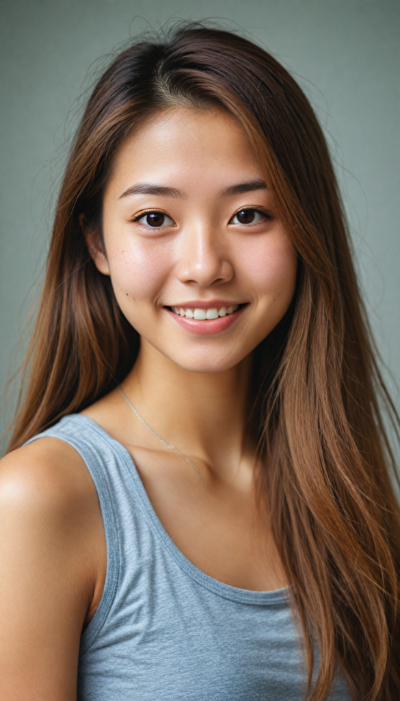 a very nice young Japanese girl, portrait shot, her long hazelnut hair falls over her shoulders, warm smile, she wears a grey tank top, perfect curved body