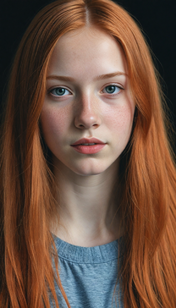 (portrait), detailed pencil drawing, silvery-skinned (young teen girl), long straight red hair (black background)