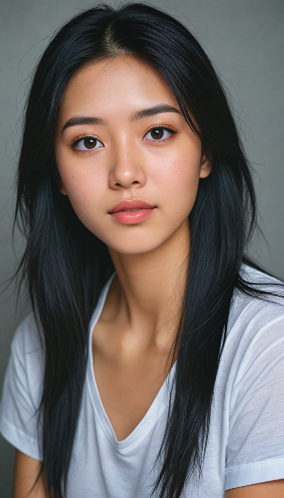 a (((stunningly elegant and cute long, straight obsidian black hair))) Japanese (((teen girl))) with a (((realistically detailed angelic round face))) and (((realistically detailed hazelnut eyes))) looking pensively at the camera in a (((perfectly drawn portrait shot))) against a (((flawlessly detailed, realistic skin color))) backdrop, wearing a (super short, tight ((white t-shirt))), her flawless form elegantly framed by a side perspective, without any (background details)