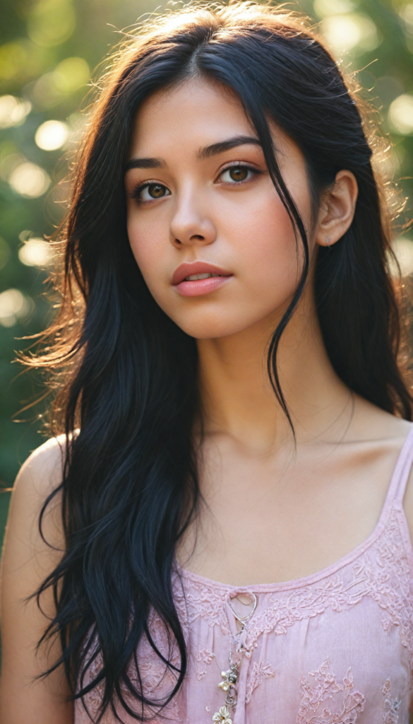 a hyper-realistic and intricately detailed portrait of a whimsical teen emo girl with flowing, soft black hair cascading in gentle waves, framing her face beautifully. Her striking amber eyes radiate warmth and depth, complemented by full, expressive lips. She wears a chic, no-pattern, form-fitting pink tank top that contrasts with the vibrant background, adorned with a dreamy blend of swirling pastel colors reminiscent of a sunset. Sunlight filters through an ethereal garden full of blooming flowers and soft bokeh effects, casting a warm glow that highlights the girl's delicate features and adds a magical quality to the scene.