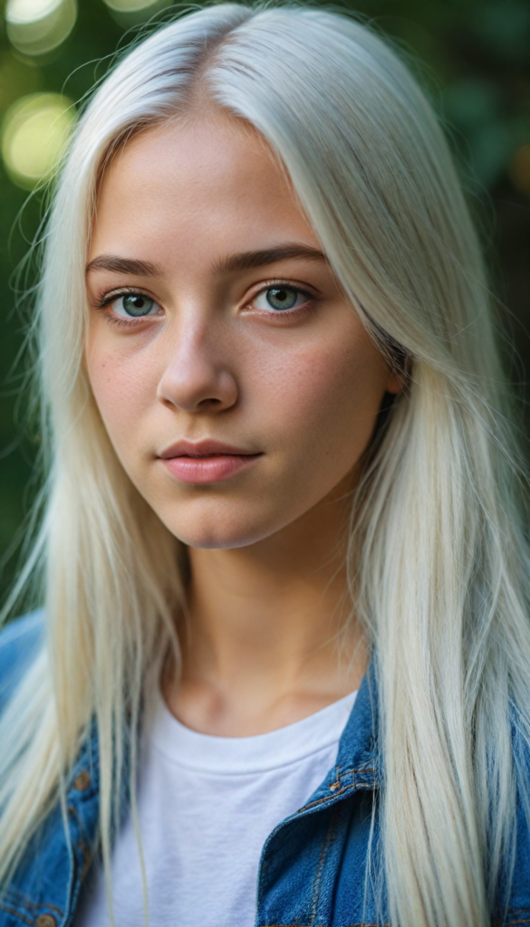 detailed and realistic photo from a young teenage girl, straight long jet soft white hair, natural backdrop