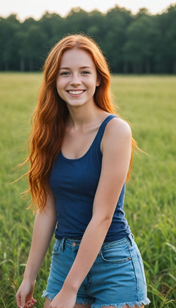 a (cute little red-haired teen girl), straight long hair, smile very happy, stands confidently in a field, she wears a thin tank top, perfect body (perfect portrait)