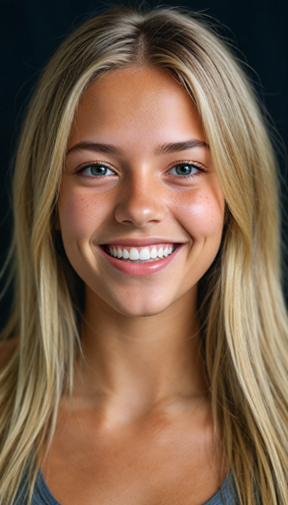 a stunning and gorgeous detailed, realistic portrait from a beautiful young happy tanned girl, long straight soft blonde hair, (grey crop top), black backdrop