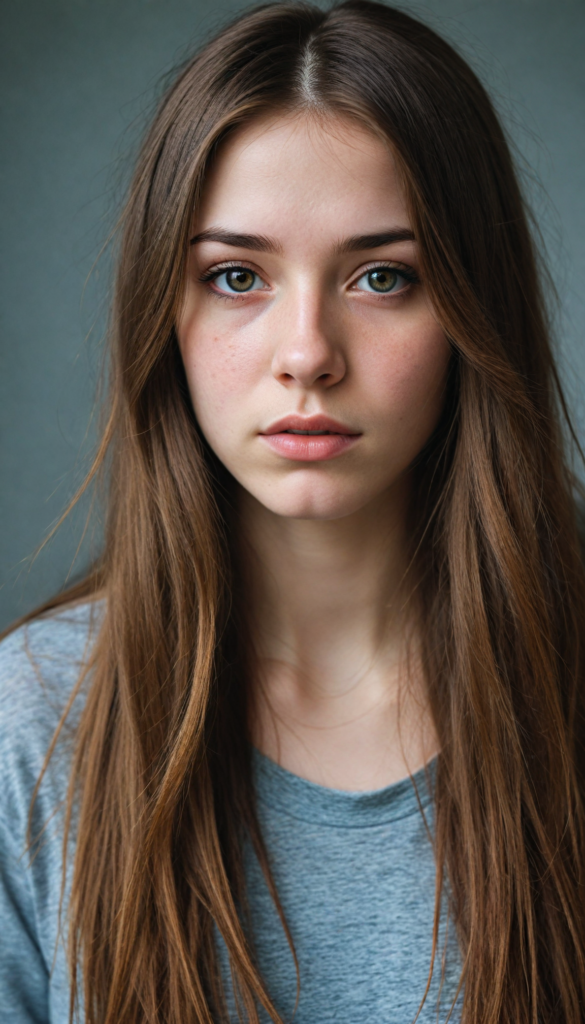 an upper body portrait from a beautiful teen emo girl with long, soft brown straight hair framing her face in gentle waves and amber eyes, tears silently flowing down her pale skin, expression conveying a profound sense of sadness and loneliness against a gray backdrop