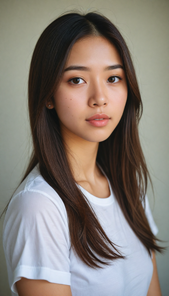 a (stunningly elegant and cute long, straight hazelnut hair) Asian (teen girl) with a (realistically detailed angelic round face) and (realistically detailed hazelnut eyes) looking pensively at the camera in a (perfectly drawn portrait shot) against a (flawlessly detailed, realistic skin color) backdrop, wearing a (super short, tight white t-shirt made on thin silk), her flawless form elegantly framed by a side perspective, without any (background details)