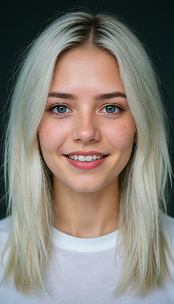 a breathtakingly detailed and hyper realistic (professional photograph), portraying an intensely sorrowful expression on the face of a young teen girl with straight, silky jet white soft hair cascading down her shoulders, round face, full lips, smile, white teeth despite its perfect length and texture suggesting advanced age, paired with a minimalist (white short sleeve t-shirt)