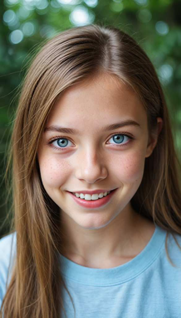 a (detailed portrait) from a silvery-skinned (young innocent girl), round, angelic face, flawless soft skin, long soft straight light brown hair, white t-shirt, light blue eyes, (full red lips), warm smile, white teeth