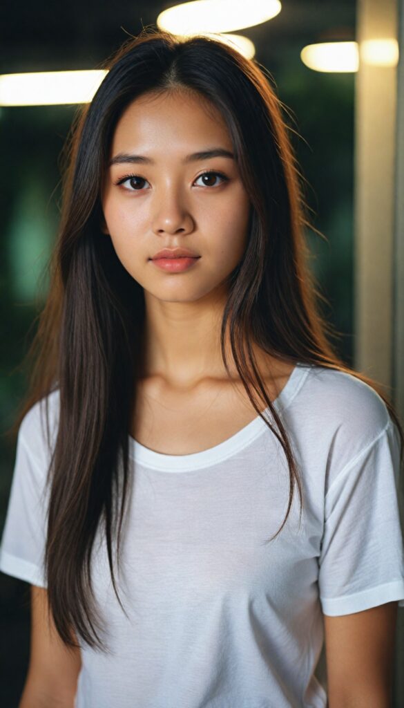 a portrait of (cute) (elegant) (attractive) (long, straight hair) (stunning) a beautifully realistic, cinematic lights, Asian teen girl, realistic detailed angelic round face, (realistic detailed eye) looks sadly at the camera, perfect curved body, (wears a super short tight (white t-shirt) made on thin silk), perfect anatomy, side perspective