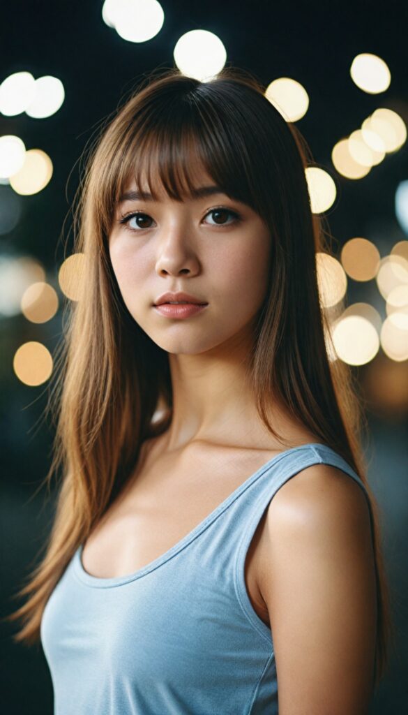 (portrait) of (cute) (elegant) (attractive) (long, straight hazelnut hair) (stunning) a beautifully realistic, cinematic lights, Japanese teen girl, bangs cut, realistic detailed angelic round face, (realistic detailed hazelnut eye) looks sadly at the camera, portrait shot, perfect curved body, (wears a super short tight (tank top)), perfect anatomy, side perspective