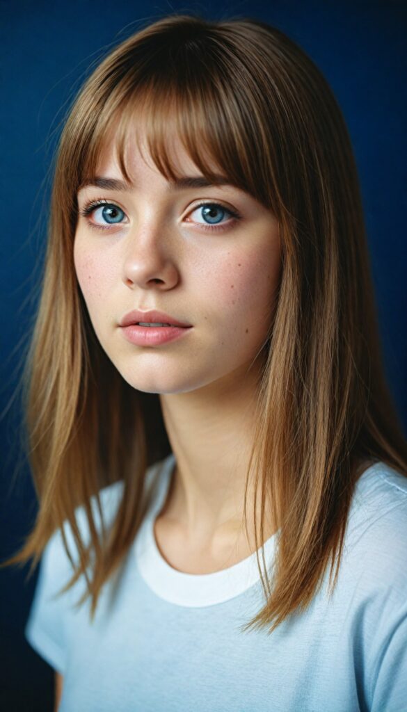 a (teen girl with bangs cut), (vividly drawn long, straight soft hazel hair) that reflects the light in a (professional night photograph), is depicted with exquisite detail, her face softly angelic yet realistically defined, big round eyes, wearing a (super short, sleek white T-shirt) against a blue backdrop, (side view)