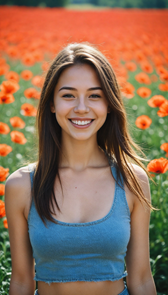 a (teen girl) with a gleeful and sunny smile, wearing a sleek and form-fitting short grey cropped tank top that accentuates her flawlessly proportionate figure, paired with jeans, captured in a (photo shoot), with long, shiny hair flowing around her face under (dramatic lighting) (in a poppy field)